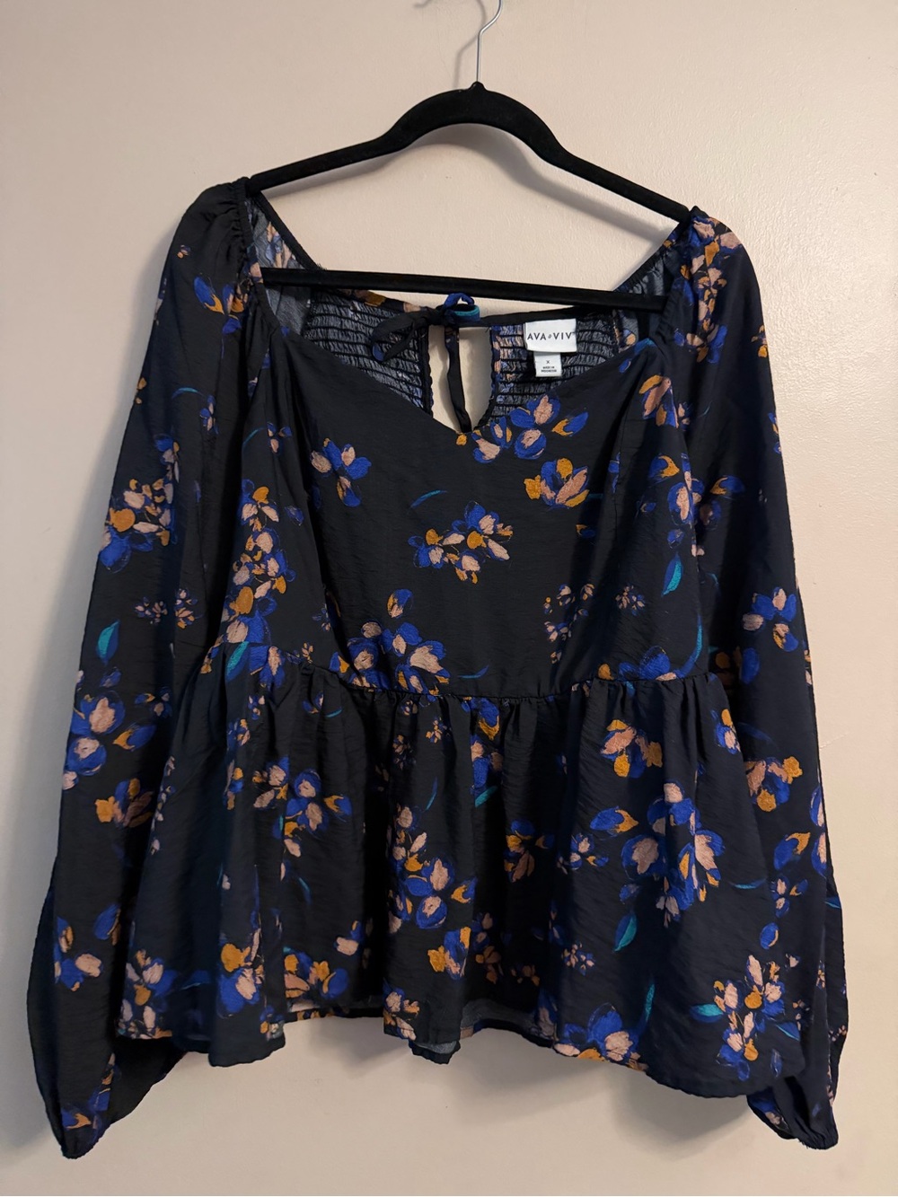 Ava & Viv Black Floral Peplum Top with Blue and Gold Accents